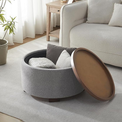 Zihanhome 30 Inch Round Storage Ottoman Coffee Table, Modern Boucle Ottoman with Lift-Off Lid and Solid Wood Legs for Living Room, Bedroom, Corners, Apartments (Light Grey)