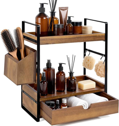 2-Tier Bathroom Counter Organizer with Drawer and Basket, Acacia Wood Countertop Organizer for Storage, Skincare Organizers for Vanity, Counter Shelf for Bathroom Organization(Acacia Wood-Dark Brown)