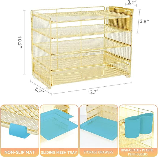 LEKETREE Desk Organizers and Accessories, 5-Tier Paper Letter Tray Organizer with Drawer & 2 Pen Holders, Desktop Organizer for Office Supplies (Gold)