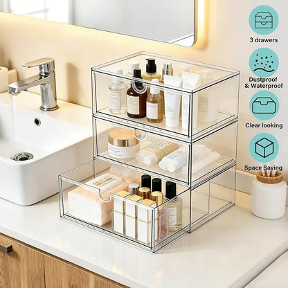 Prsildan Acrylic Makeup Organizer, 3 Pack Stackable Clear Storage Drawers for Baby Bottles Desk Organizers with 3 Drawers for Countertop Vanity Nursery Modular System for Cosmetics Jewelry