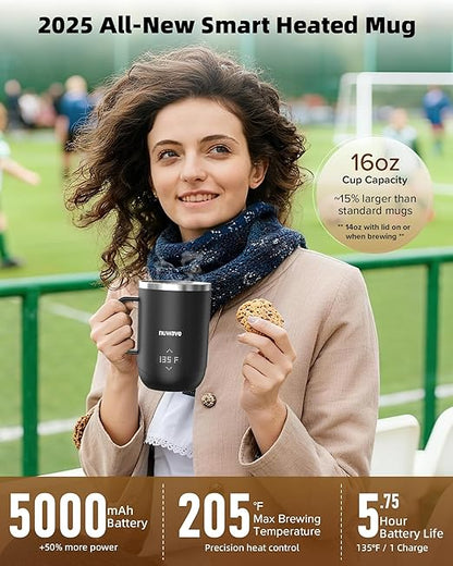 Nuwave Smart Heated Coffee Mug Rechargeable, 16oz Self Heating Temperature Control Mug with LED Display, Custom Brew Modes, Double-Wall Vacuum Insulation, 5-Hour Battery Life, Auto Shut-Off
