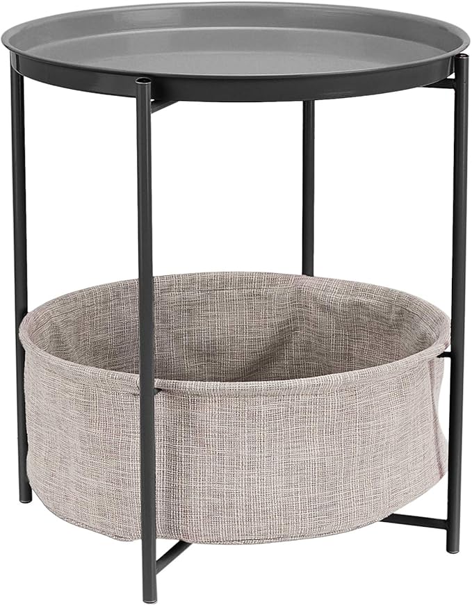 Amazon Basics Round End Table, Charcoal/Heather Gray, 17.7 x 17.7 x 18.9 in | Side Table, with Cloth Basket, Storage