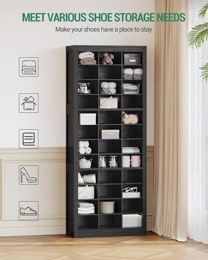 Hzuaneri Shoe Storage Cabinet, 36 Pairs Free Standing Closet Organizer, 9 inch Widened Cell Wood Shoe Organizer, 12 Tiers Vertical Space Saving Shoe Rack for Entryway, Cloakroom, Black SR20704X