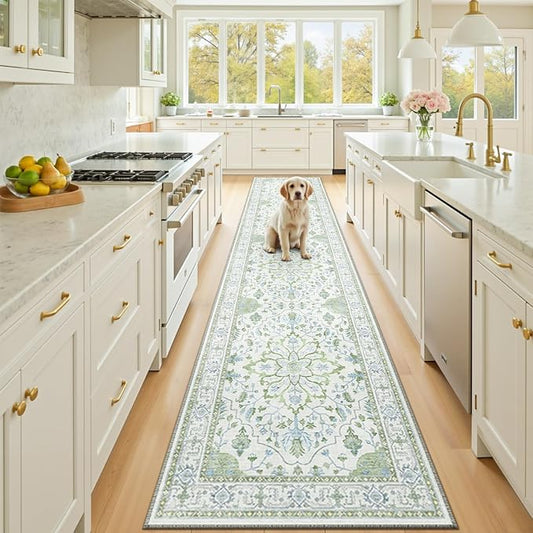RELEANY Area Rugs Runner 2'x10' Washable Non-Slip, Floral Vintage Distress Medallion Carpet for Kitchen Hallway Bedroom Beside Laundry Room Bathroom, Green White Blue