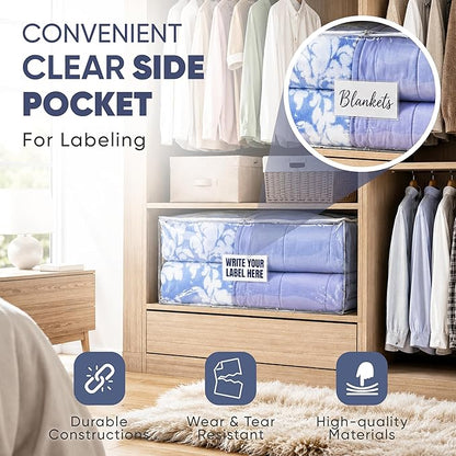 Masirs Clear Blanket Storage Bag (2-Pack) - Vinyl Clothing Organizers with Zipper & Label Pocket - Protects from Dust, Moisture & Dirt - Ideal for Underbed Storage Sheets, Comforters & Bedding