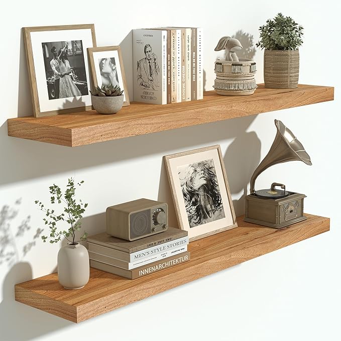 Vivelove Solid Wood Floating Shelves Set of 2, Elm Wood Wall Shelf with Invisible Bracket for Living Room Bedroom Bathroom Office, Rustic Farmhouse Decor Storage & Display, 36 inch - Natural