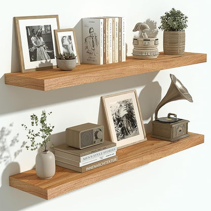 Vivelove Solid Wood Floating Shelves Set of 2, Elm Wood Wall Shelf with Invisible Bracket for Living Room Bedroom Bathroom Office, Rustic Farmhouse Decor Storage & Display, 36 inch - Natural