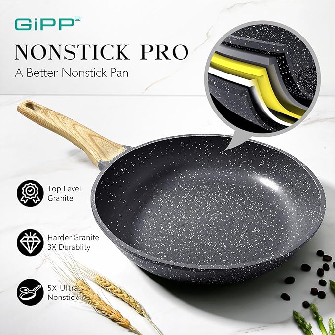 GiPP Non Stick Frying Pan Set - 9.5" 10.2" 11" Ceramic Nonstick Skillets, Non Toxic, Omelette Pan with Stay Cool Handle, Induction Compatible, PFAS/PTFE/PFOA Free, Gray