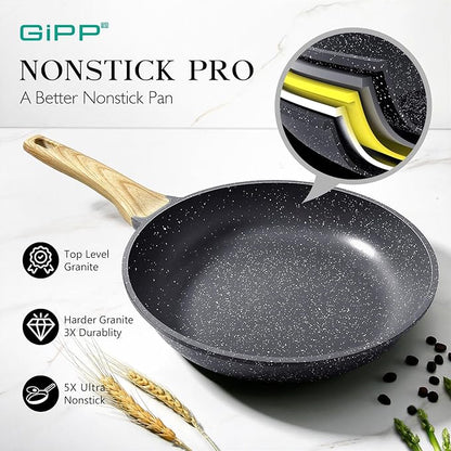 GiPP Non Stick Frying Pan Set - 9.5" 10.2" 11" Ceramic Nonstick Skillets, Non Toxic, Omelette Pan with Stay Cool Handle, Induction Compatible, PFAS/PTFE/PFOA Free, Gray