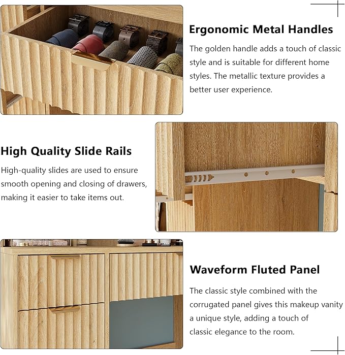 43.3" Fluted Vanity Desk with Mirror and Lights, Wood Makeup Vanity Desk with Charging Station & Mobile Mirror, Modern Dressing Table with Adjustable Shelves & Jewelry Hooks for Girls, Women, Oak