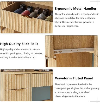 43.3" Fluted Vanity Desk with Mirror and Lights, Wood Makeup Vanity Desk with Charging Station & Mobile Mirror, Modern Dressing Table with Adjustable Shelves & Jewelry Hooks for Girls, Women, Oak