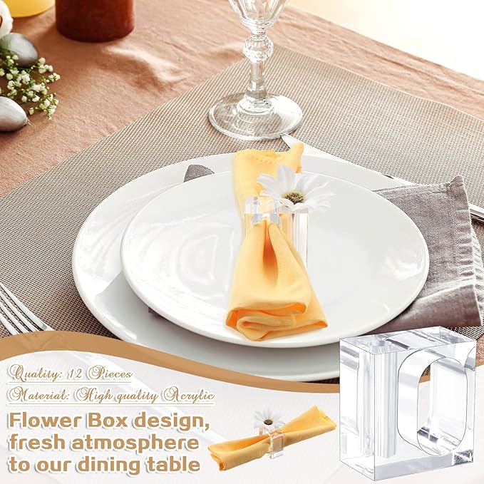 Meanplan 12 Pcs Flower Napkin Rings Clear Acrylic Napkin Holder Rings Bulk Square Flower Bud Vase Combo for Wedding, Birthday Banquet Table Decor, 1.77 x 1.97 Inch