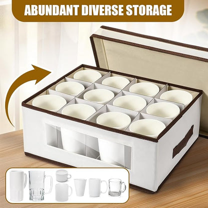Uiifan 4 Pcs Mug Storage Box with Dividers 12 Compartment Stemware Storage Cases China Container Box with Lid, Handles, PVC Window for Moving, Beige