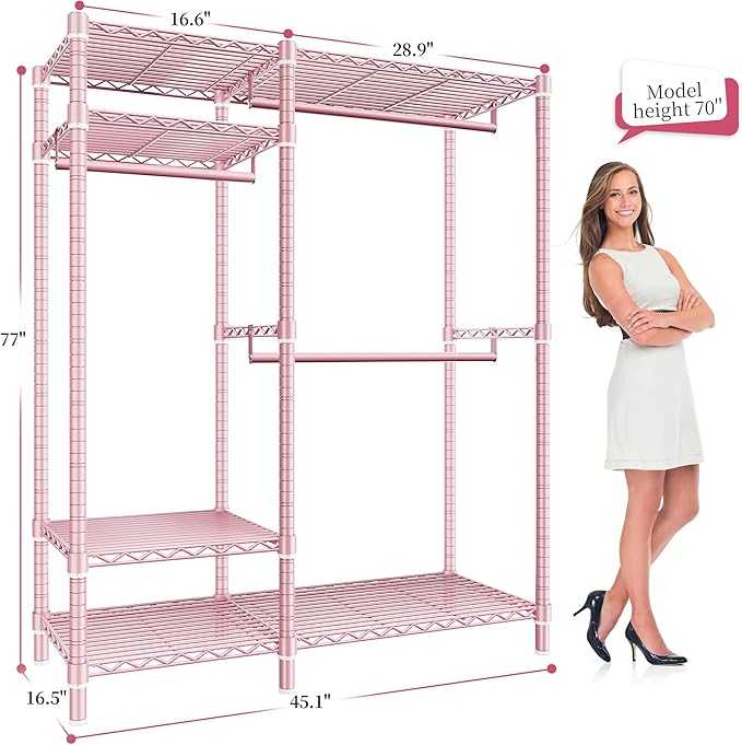 Raybee Clothes Rack Heavy Duty Loads 780LBS Clothing Racks for Hanging Clothes Adjustable Metal Portable Closet, 45.5" W x 77" H x16.5 D Pink