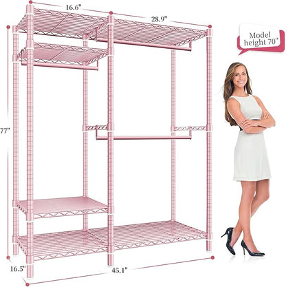 Raybee Clothes Rack Heavy Duty Loads 780LBS Clothing Racks for Hanging Clothes Adjustable Metal Portable Closet, 45.5" W x 77" H x16.5 D Pink