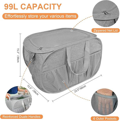 2 Pack Collapsible Laundry Baskets with Lid, Foldable Laundry Basket with Pockets, Pop Up Hamper with Dual Handles, 99L Sturdy Hampers for Clothes, Groceries, Supplies, Tools, Grey