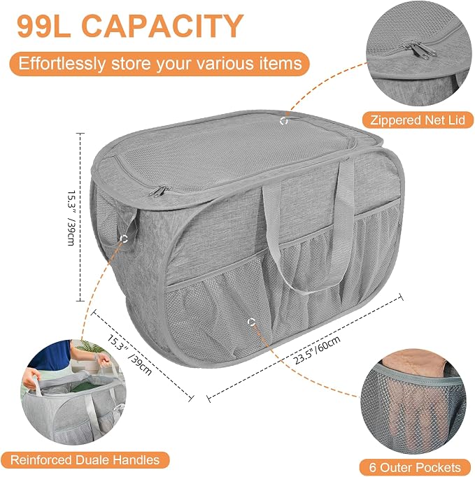 Collapsible Laundry Baskets with Lid, Foldable Laundry Basket with Pockets, Pop Up Laundry Hamper with Dual Handles, 99L Sturdy Hampers for Clothes, Groceries, Supplies, Tools, Grey