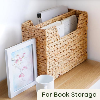 CHI AN HOME Wicker Magazine Basket, Handwoven Water Hyacinth Storage Bin & Organizer for Files, Books, Newspapers, Documents, Decorative Storage Bin with Handle for Office, Living Room, Dorm, Bathroom