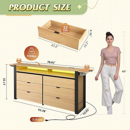 WLIVE 78 Inch LED Dresser for Bedroom, Wood Dresser with Charging Station, Large Chest of Drawers Expandable with Flexible Shelves and Hanging Rack, for Closet, Living Room (85" TV), Light Oak