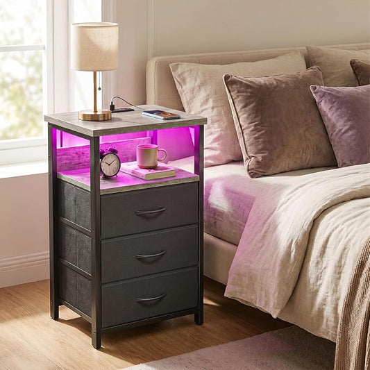 Fixwal Night Stand with Charging Station, LED Nightstand with Fabric Drawers, End Table with PU Finish, Bed Side Table, French Oak