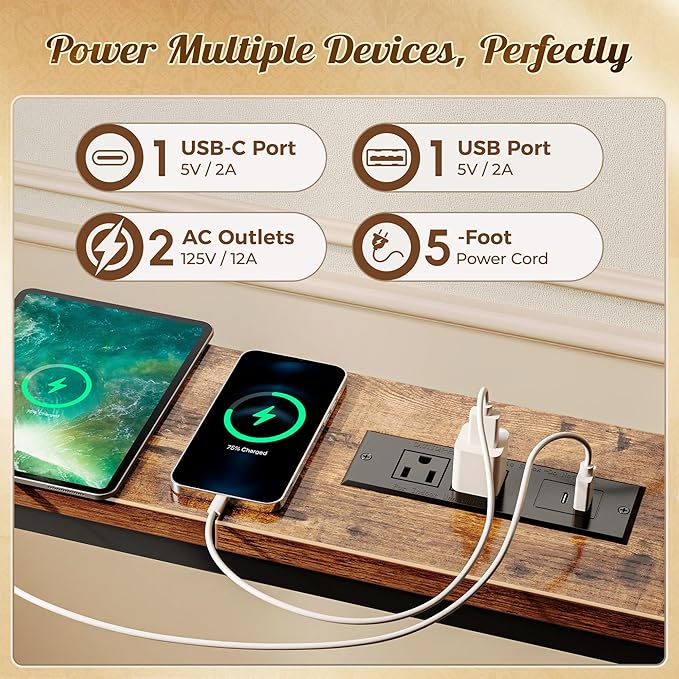 Huuger 149.6 Inch Sofa Table with Power Outlets and USB-C Ports, 5.9 Inch Narrow Entryway Table, Behind Couch Table with Storage, Extra-Long Console Table, Living Room, Rusitc Brown