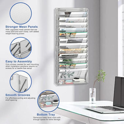EasyPAG Wall File Holder 14 Tier Mesh Hanging Folder Organizer with Flat Tray Wall Mounted Mail Organizer Magazine Paper Desk Shelf with Nametag Label for Office Home School, Silver