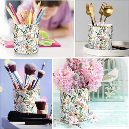 WAVEYU Large Capacity Colored Pen Holder for Desk, Ceramic Pencil Holder Pen Cup Marker Holder Makeup Brush Holders, Desk Accessories & Workspace Organizers for Home, Office, White Flower