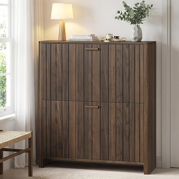 Shoe Cabinet with 2 Flip Drawers, 31.5 Inch Narrow Fluted Shoe Organizer with Gradient Wood Strips Door for Entryway Hallway, Living Room Storage Furniture, Walnut