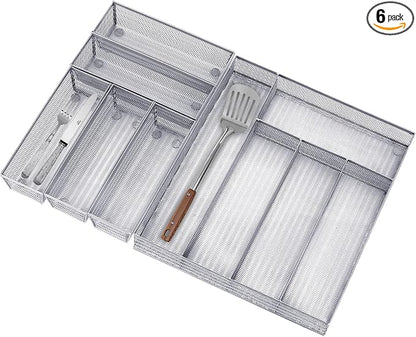 Neudeco Drawer Organizer Set, Silver Mesh, 6 Pack | 5-Compartment Silverware Tray, 5 Utensil Trays, Non-Slip, For Flatware, Cutlery, Office Supplies