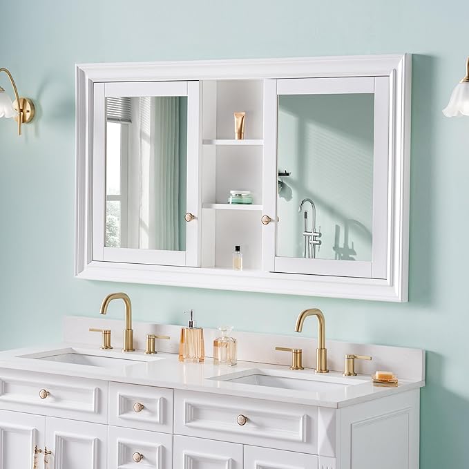 WELLFOR 55"x 32" Bathroom Medicine Cabinet with Dual Mirrors, Recessed Wood Medicine Cabinet with Built-in 6-Tier Adjustable Glass Shelves and 2 Soft-Close Doors, Recessed Mount Only
