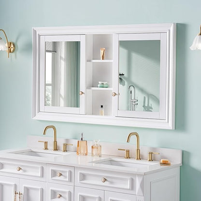 WELLFOR 55"x 32" Bathroom Medicine Cabinet with Dual Mirrors, Recessed Wood Medicine Cabinet with Built-in 6-Tier Adjustable Glass Shelves and 2 Soft-Close Doors, Recessed Mount Only