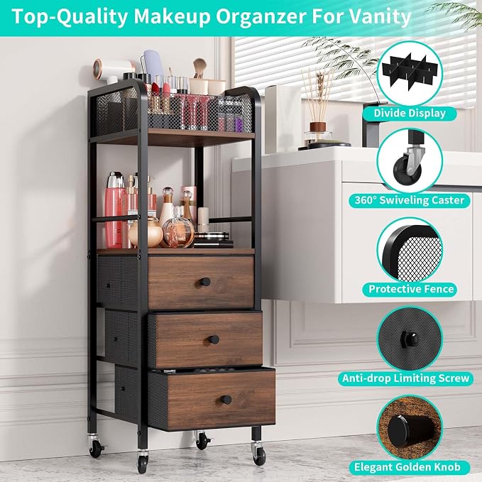 HapiRm Rolling Makeup Cart Organizer - Floor Skincare Make Up Storage with 3 Non-woven Fabric Drawers, Vanity Organizer Cosmetic Display Cases Holder for Skin Care Perfume Nail Polish Brush Hair Tool