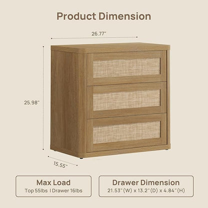 SICOTAS 26.8" Oversized Night Stand for Bedroom & Guest Room, Large 3-Drawer Rattan Nightstand, Boho Bedside Table End Table Storage Cabinet with Kid-Safe Rounded Edges & Push-Close Design, Amber Oak