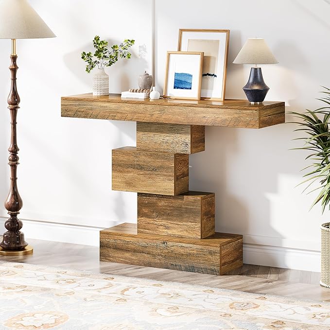 Tribesigns 42.5" Farmhouse Console Table, Narrow Wood Sofa Table Behind Couch with Geometric Base, Industrial Entryway Accent Table for Living Room, Hallway, Entrance (Light Brown)