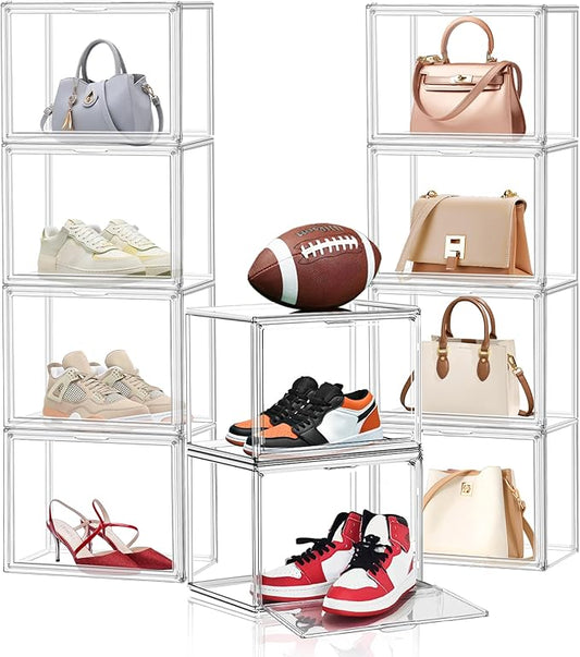 10 Pack Clear Thicken Sturdy Shoe Storage Organizer with Magnetic Door Stackable Boxes for Closet Folding Space-Saving Shoe Rack for Sneaker Boot Plastic Cabinet