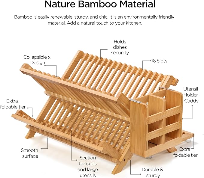 Bamboo Dish Drying Rack with Utensil Holder, 3 Tier Collapsible Dish Rack for Kitchen Counter, Large Folding Drying Holder, Dish Drainer, Kitchen Organizers and Storage