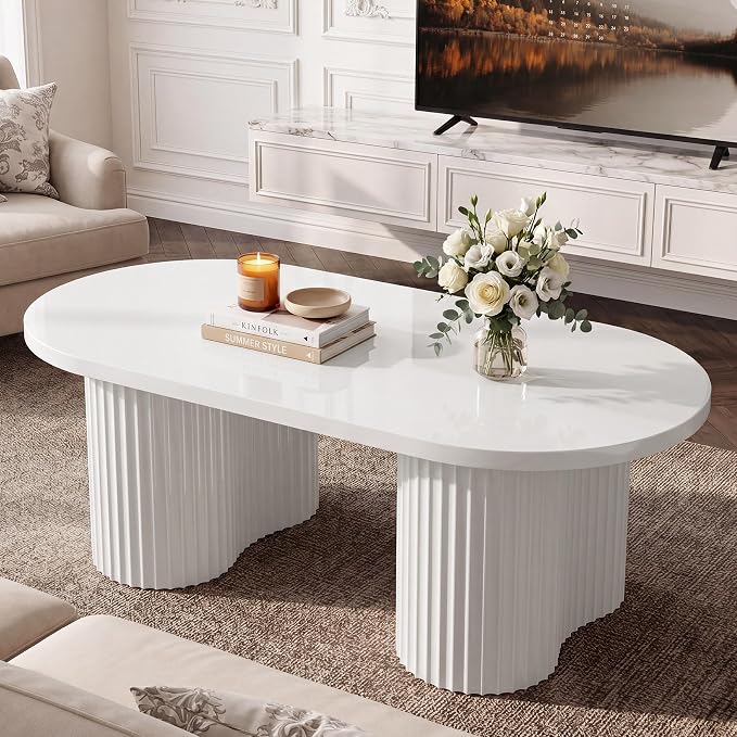 Tribesigns Oval Coffee Table, 47" Modern Center Table with Fluted Design, Tea Table with Sturdy Legs for Living Room, Bedroom, Office, Easy Assembly, White