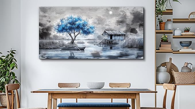 QIYILEXWART Canvas Wall Art For Living Room Large Wall Decor For Office Bedroom Decorations The Blue Tree Pictures The Hut Painting Stretched And Framed Artwork Room Ready To Hang