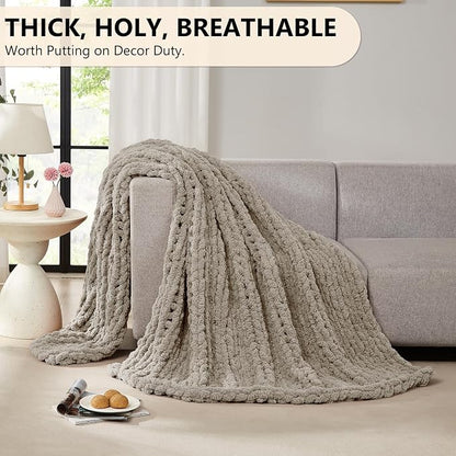 L'AGRATY Chunky Knit Blanket Throw: 60''x80'' Chenille Chunky Knitted Throw Blankets for Bed Couch - Handmade Thick Big Cable Knit Blanket - Large Crochet Rope Blankets for Home Decor(Light Linen)