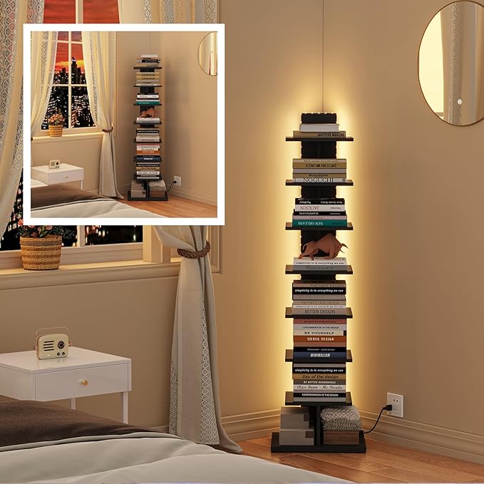 TUTOTAK Narrow Bookshelf, 8-Tier Bookcase with LED Lights, Spine Book Shelf for Small Space, Corner Standing Shelf for Living Room, Office, Study, Entryway, Black BS06BK008L