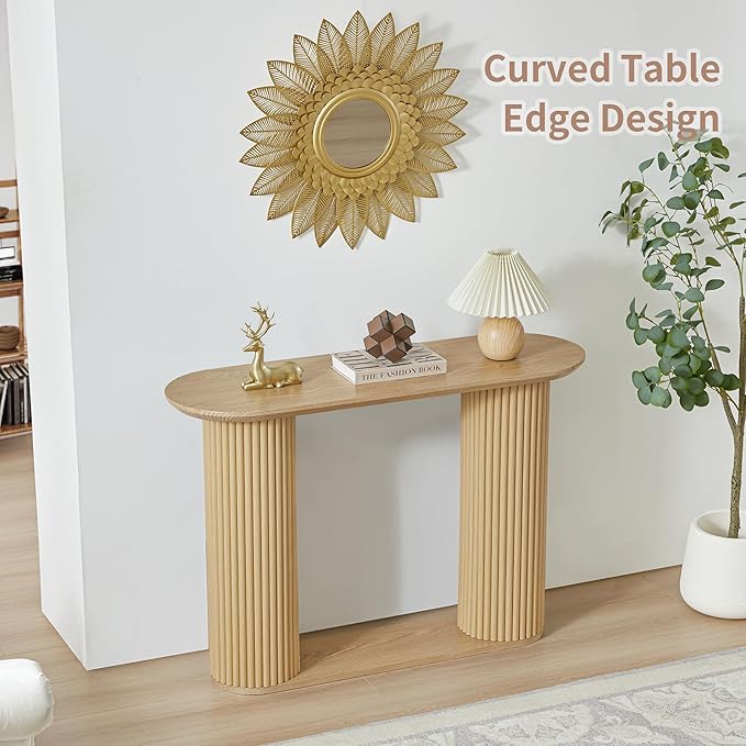 Fluted Console Table, Farmhouse Oval Curved Entryway Table with Storage and Fluted Wood Legs, Narrow Sofa Table Small Long Entry Table for Entrance, Hallway, Living Room (Natural)