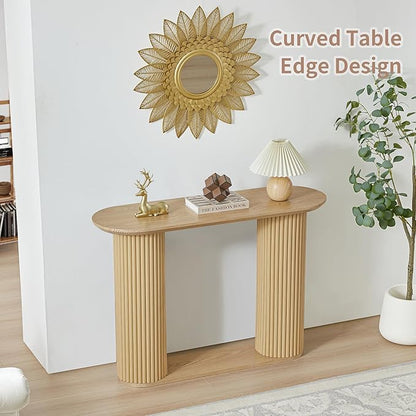 Fluted Console Table, Farmhouse Oval Curved Entryway Table with Storage and Fluted Wood Legs, Narrow Sofa Table Small Long Entry Table for Entrance, Hallway, Living Room (Natural)