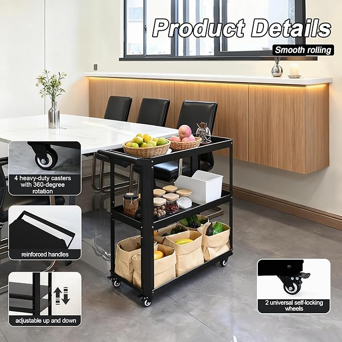 XCX 3 Tier Metal Utility Rolling Cart with Wheels, Heavy Duty Storage Organizer Trolley Cart for Kitchen, Bathroom, Office, Bedroom – Multi-Purpose 330Lbs Capacity Utility Cart on Wheels, Black