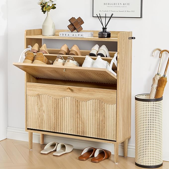BERRYMERRY 31.5” Fluted Shoe Storage Cabinet Storage for Entryway, 2 Flip Drawers Narrow Shoe Organizer Cabinet with Wave Profile for Hallway,Living Room