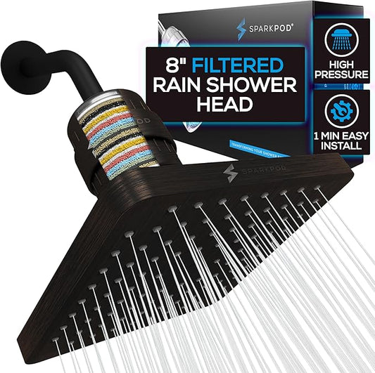 SparkPod 23-Stage Filtered Shower Head, 8" Square, Oil-Rubbed Bronze | Filtered Shower Head for Hard Water Filter, High Pressure, Reduces Chlorine, Heavy Metals, For Dry Skin & Hair