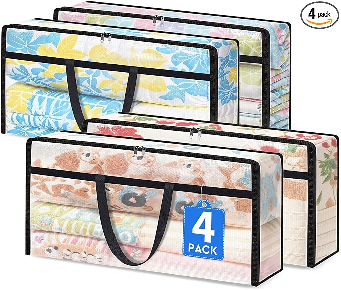 TasticTotes 4 Pack Long Clear Storage Bags for Comforter, Clothes & Bedding, Plastic Blanket Storage with Zipper and Handle, Moving Bags, Closet Organizer and Under-Bed Storage (90L, 39.4"*7.1"*19.7")