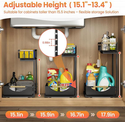 2 Pack 2 Tier Under Sink Organizer and Storage for Bathroom and Kitchen - Under Cabinet Pull Out Shelf Organizers - Sliding Out Drawer Organization for Home Cabinets Shelves and Drawers