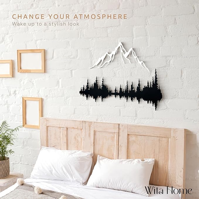 Wita Home Mountain and Forest Metal Wall Art, Wall Mounted Home Decor, Pine Trees and Nature Wall Art for Living Room, Bedroom or Office, Large Outdoor Wall Decor, Nature Christmas Decor (White Mountain-Black Forest, 32x21 inches)
