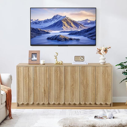 ORRD Sideboard Buffet Cabinet with Storage, Low Storage Cabinet Modern Wooden Accent Credenza Console Table TV Stand with 6 Wave Panel Doors for Kitchen Dining Living Room Entryway, Natural