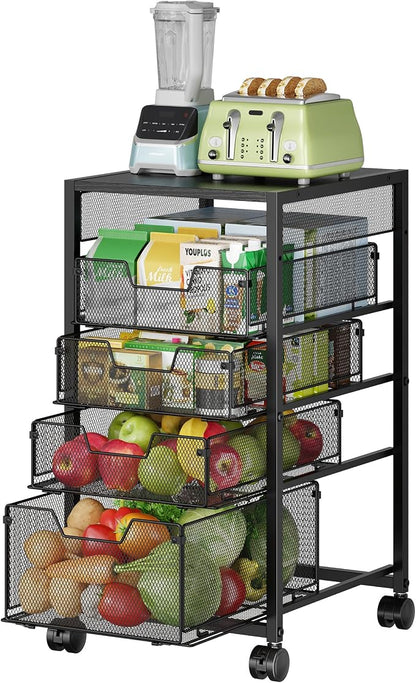 5-Tier Kitchen Utility Storage Cart with Adjustable Wood Top (Tabletop or Basket), Fruit Vegetable Storage Rack with Wheels & Drawers, Metal Rolling Pantry Cart, Kitchen Organizer for Snack Can Potato